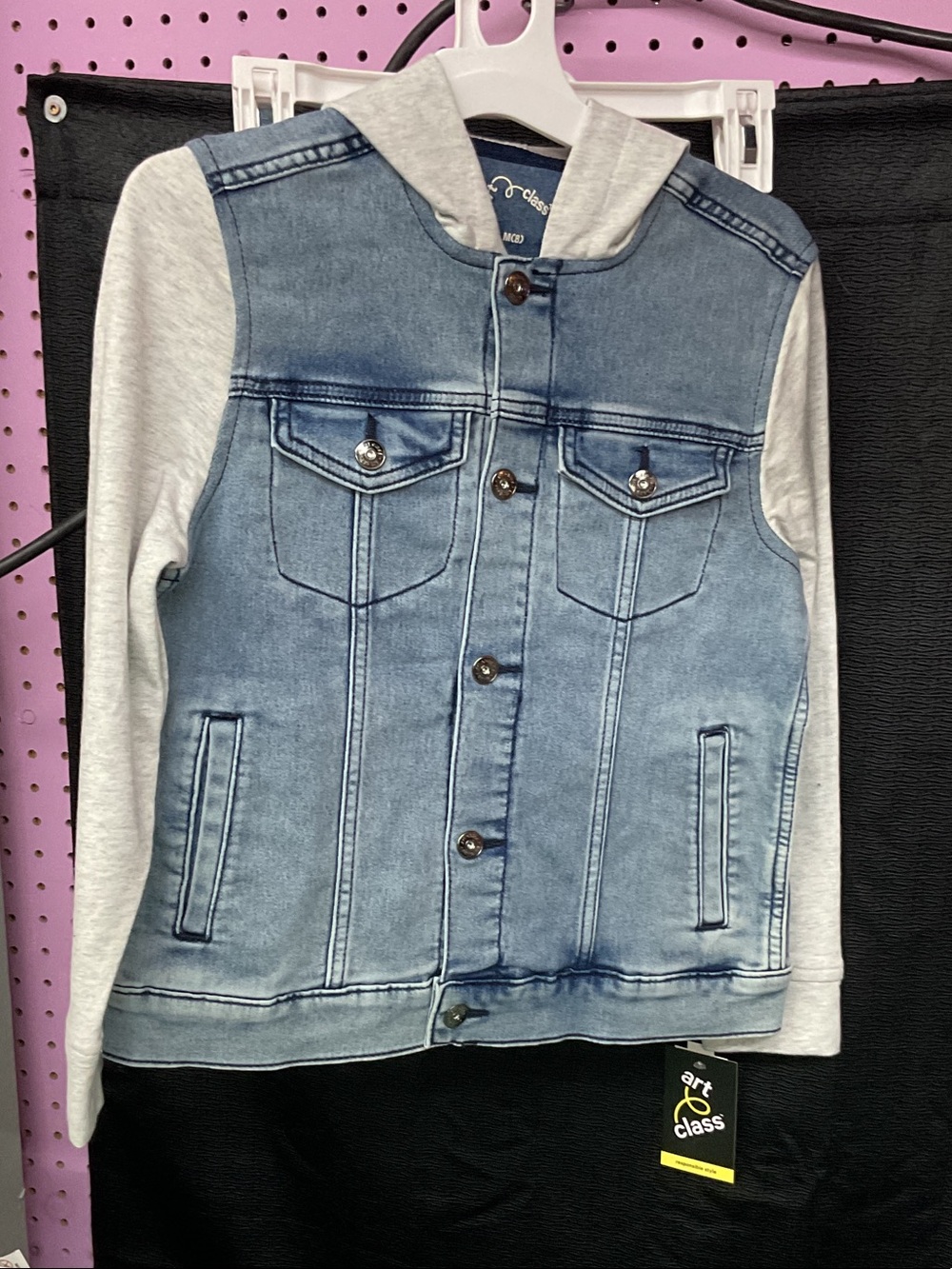 art class Light Wash Blue Jean Jacket with Gray Hoodie Sleeves